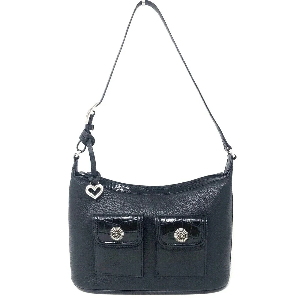 Brighton Pebbled Leather Hobo Shoulder Bag Black Y2k Croc Embossed Queen of Love